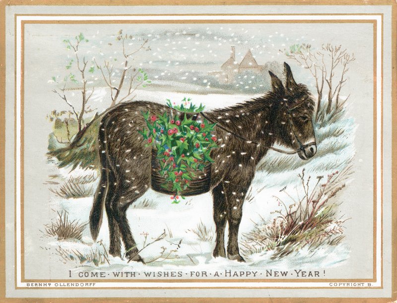 Âne portant du houx dans la neige, carte de Nouvel An - English School