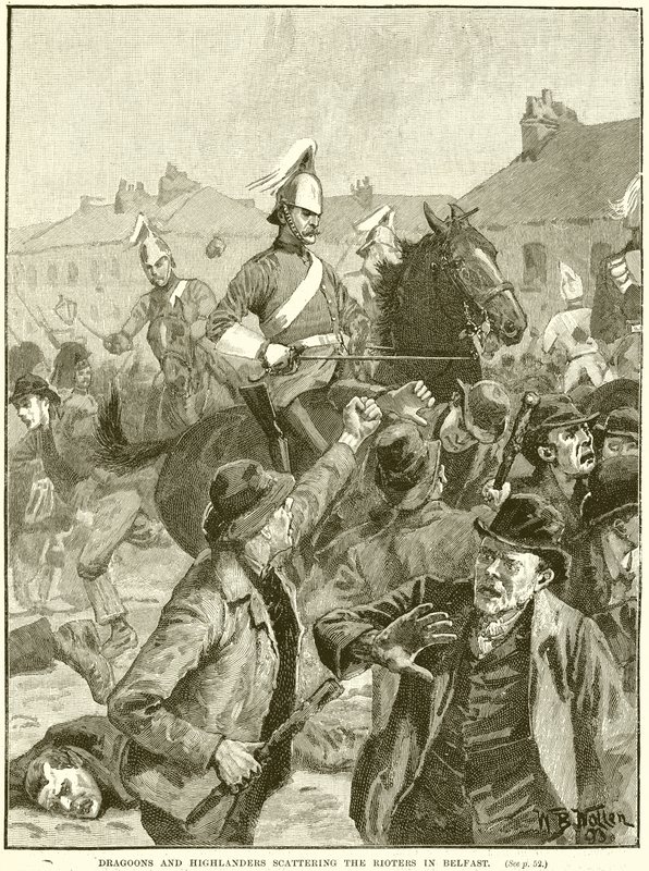 Dragons et Highlanders dispersant les émeutiers à Belfast - English School