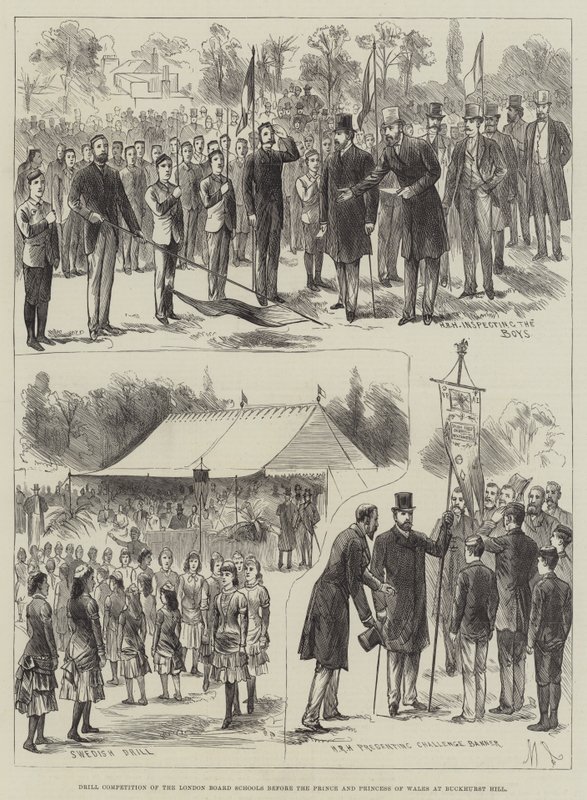 Compétition de drill des écoles du London Board devant le prince et la princesse de Galles à Buckhurst Hill - English School