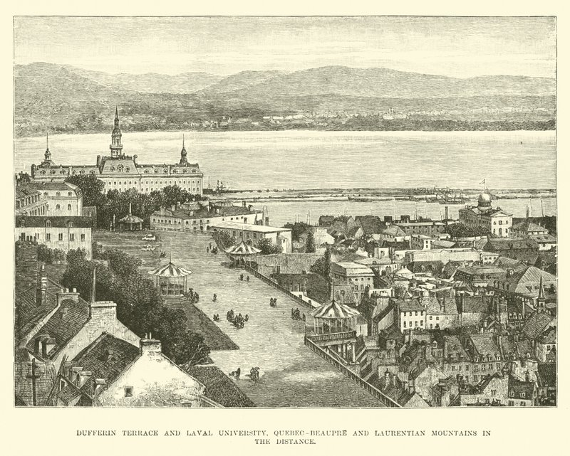 Terrasse Dufferin et Université Laval, Québec-Beaupré et montagnes Laurentiennes au loin - English School