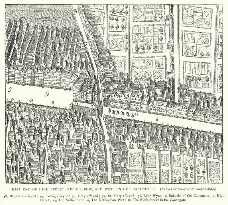 Extrémité est de la rue principale, Nether Bow, et extrémité ouest de Canongate (gravure) - English School