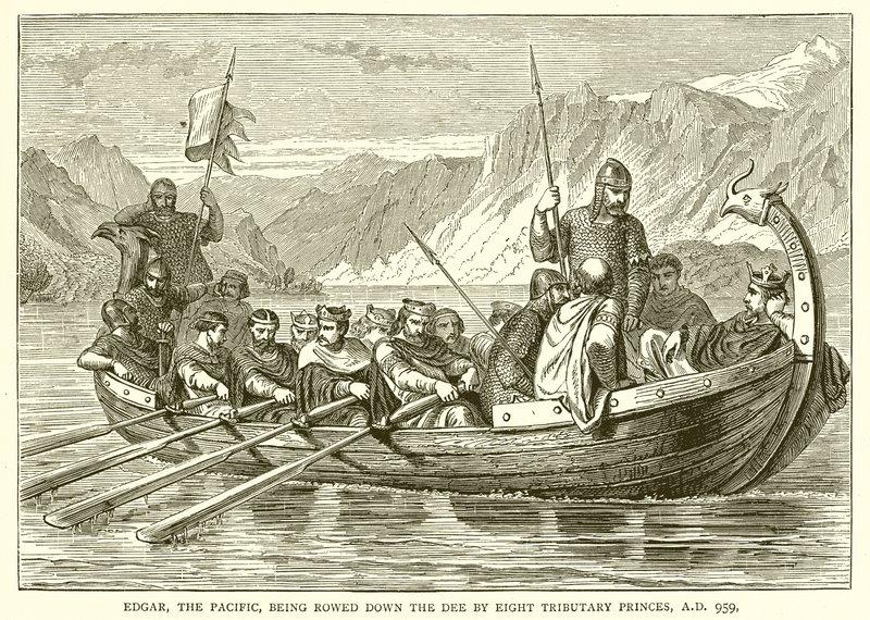 Edgar, le Pacifique, étant ramé sur la Dee par huit princes tributaires, 959 après J.-C. - English School