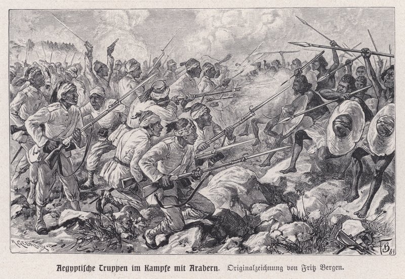 Troupes égyptiennes combattant les guerriers mahdistes (gravure) - English School
