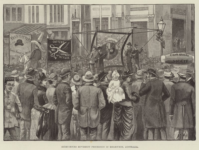Procession du mouvement des huit heures à Melbourne, Australie (gravure) - English School