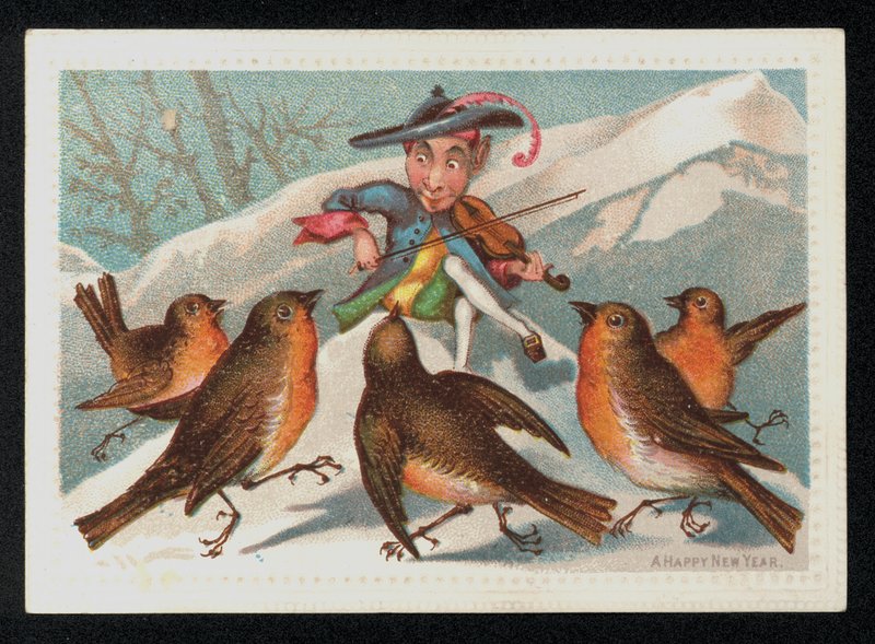 Lutin avec un violon divertissant un groupe de rouges-gorges, carte de vœux du Nouvel An (chromolithographie) - English School