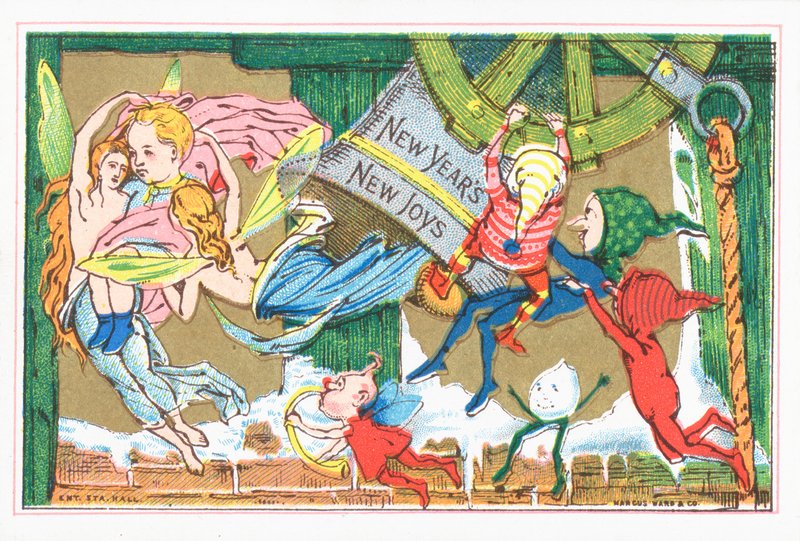 Lutins et anges célébrant le Nouvel An, Carte de Nouvel An - English School