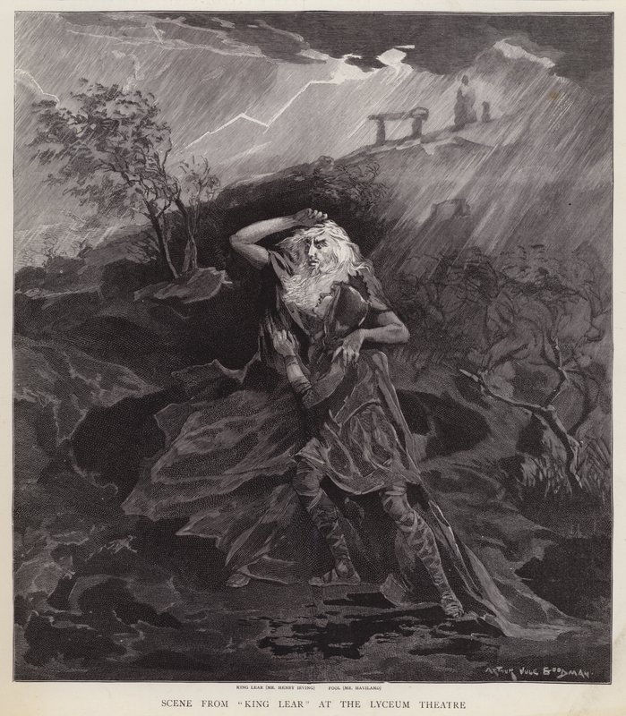 Acteurs anglais Henry Irving et William Haviland dans une production du Roi Lear de Shakespeare au Lyceum Theatre, Londres - English School