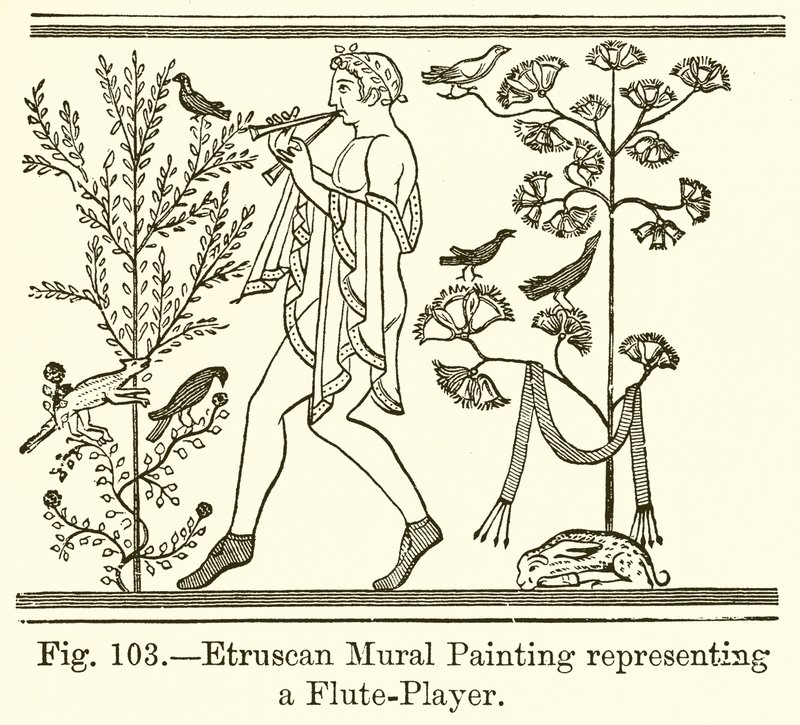 Peinture murale étrusque représentant un joueur de flûte - English School