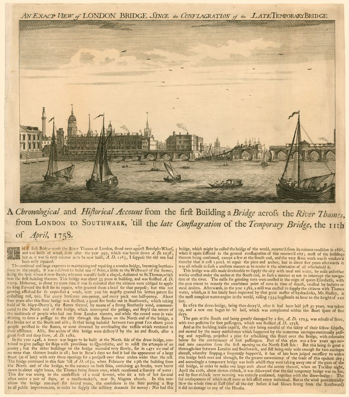 Vue exacte du pont de Londres depuis la conflagration du dernier pont temporaire, 11 avril 1758 - English School