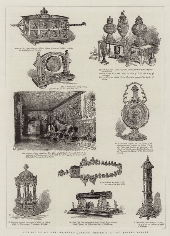 Exposition des cadeaux du jubilé de Sa Majesté au palais St James (gravure) - English School