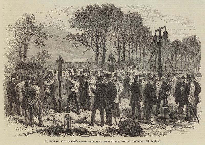 Expériences avec les puits tubulaires brevetés de Norton, utilisés par notre armée en Abyssinie (gravure) - English School