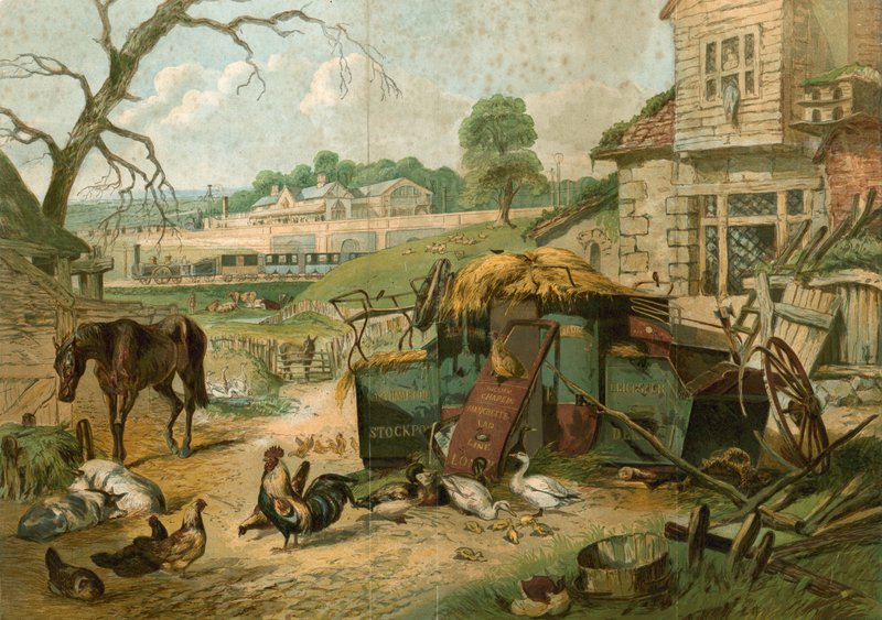 Cour de ferme avec la gare de St Pancras en arrière-plan - English School