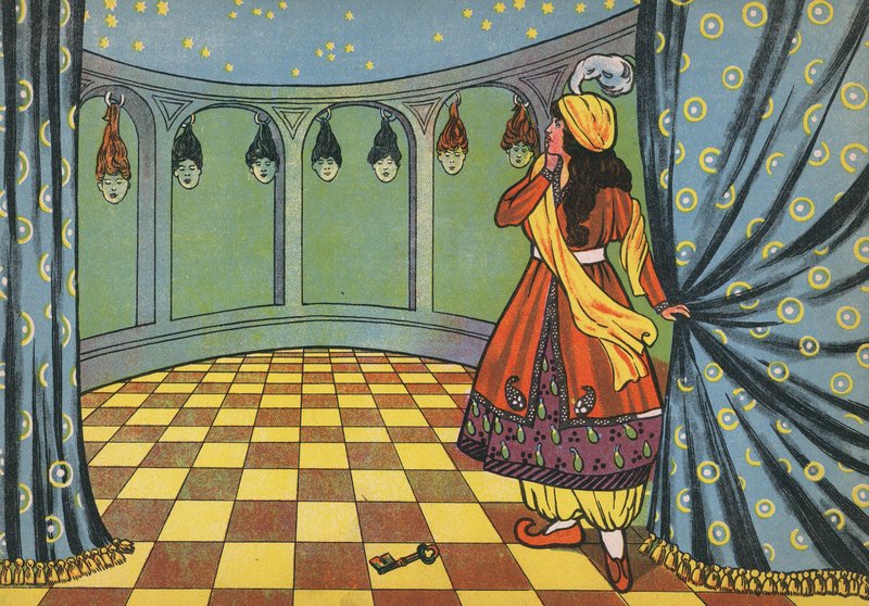 Fatima découvrant le secret de la chambre verrouillée de Barbe-Bleue (lithographie en couleur) - English School