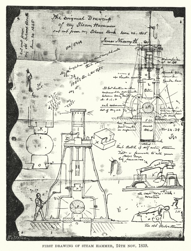 Premier dessin du marteau à vapeur, 24 novembre 1839 (gravure) - English School