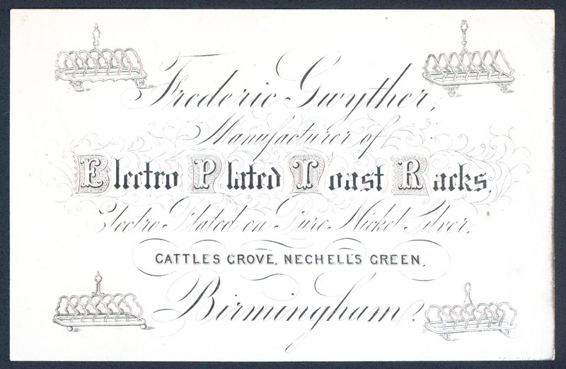 Carte de visite de Frederic Gwyther, fabricant de porte-toast en métal argenté - English School