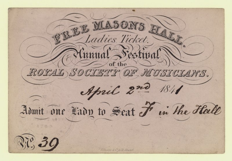 Salle des francs-maçons, billet pour dames, festival annuel, Société royale des musiciens, 2 avril 1841 - English School