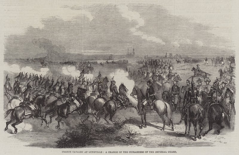 Cavalerie française à Lunéville, une charge des cuirassiers de la garde impériale - English School