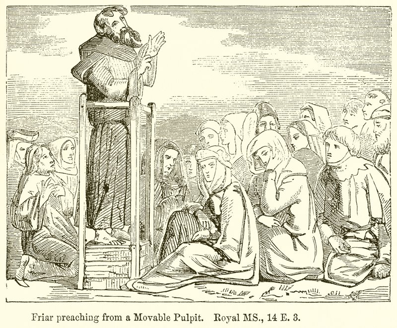 Frère prêchant depuis une chaire mobile. Manuscrit royal, 14 E. 3 - English School