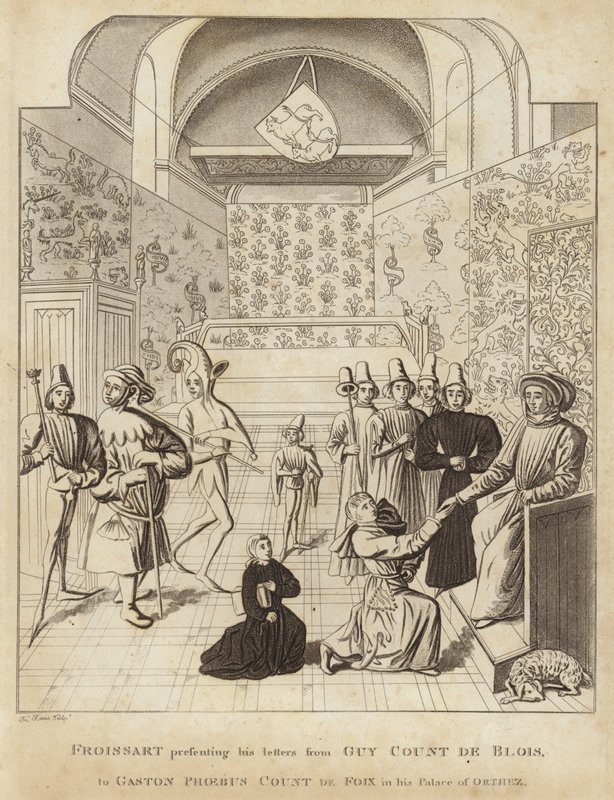 Froissart présentant ses lettres de Guy Court de Blois à Gaston Phoebus, comte de Foix, dans son palais d