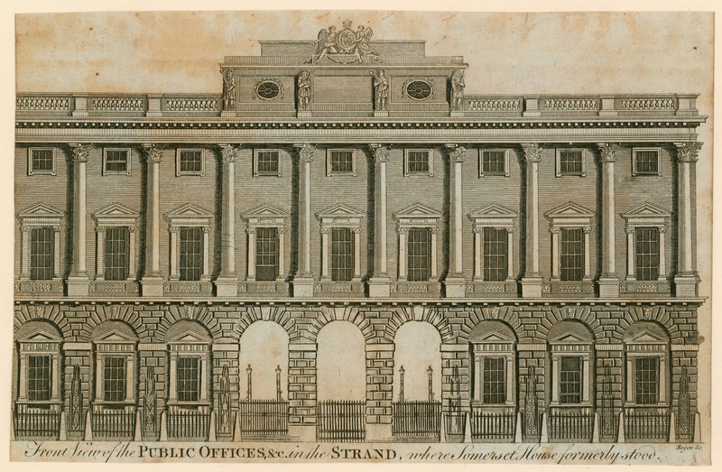 Vue de face des bureaux publics dans le Strand où se trouvait autrefois Somerset House - English School