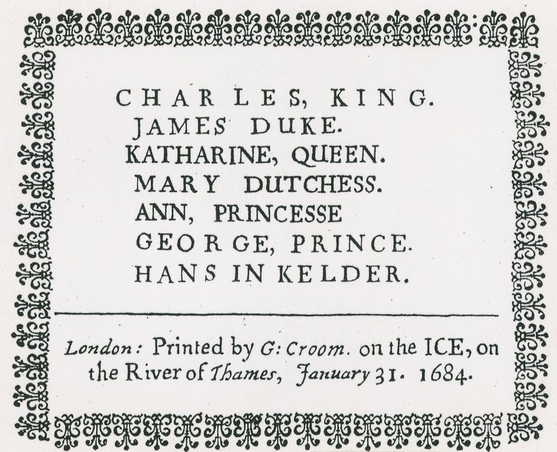 Foire sur la glace sur la Tamise, souvenir imprimé pour le roi Charles II et sa famille, 1684 - English School