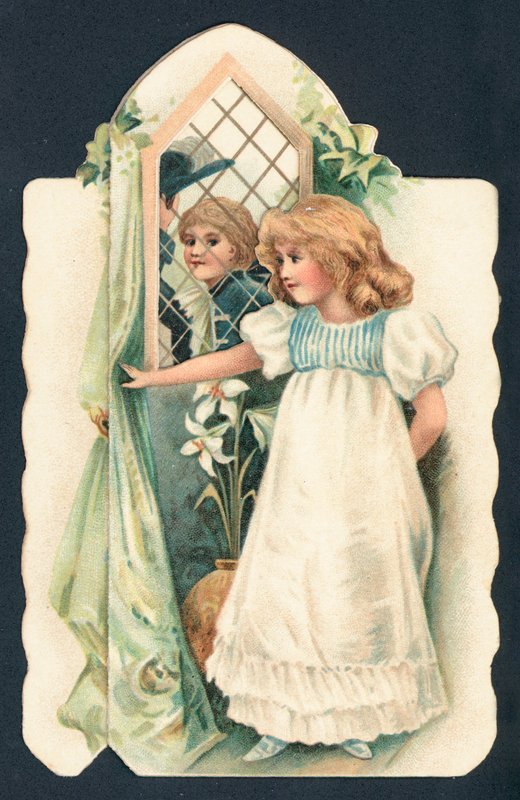 Fille regardant un garçon par la fenêtre, Carte de Noël - English School