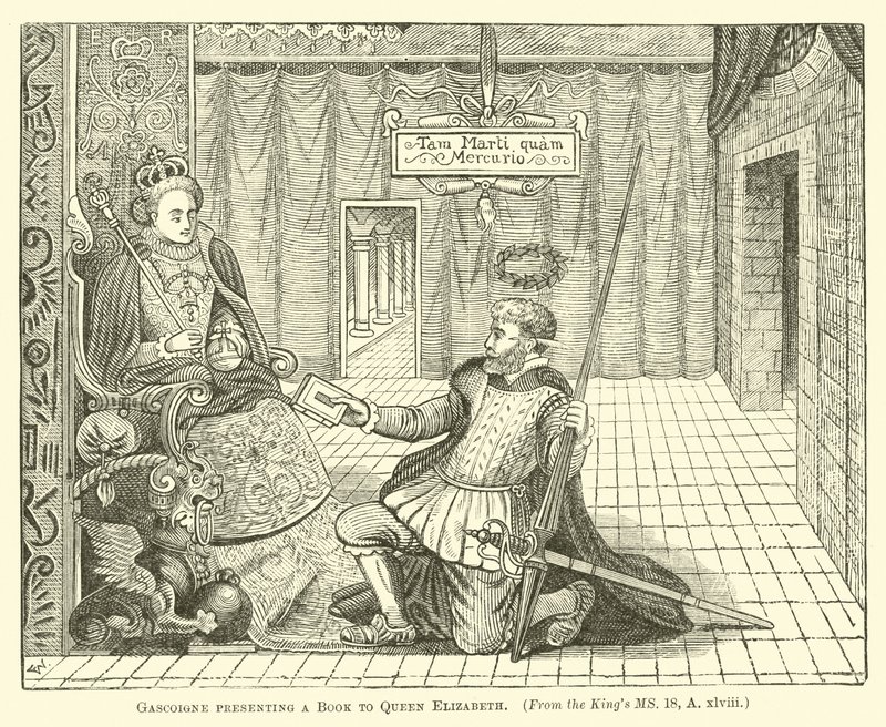 Gascoigne présentant un livre à la reine Élisabeth - English School
