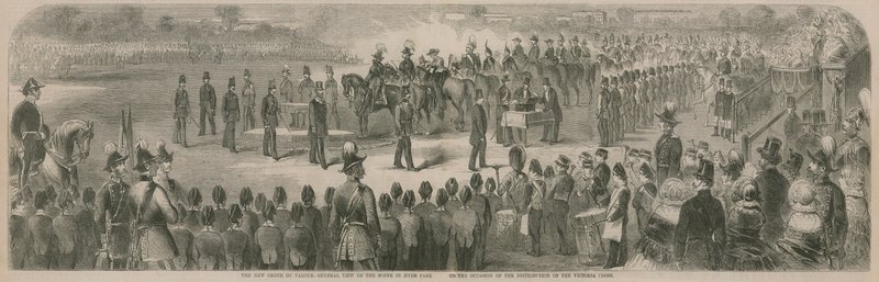 Vue générale de la scène à Hyde Park lors de la distribution de la Croix de Victoria - English School
