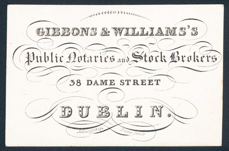 Carte de visite de Gibsons & Williams, notaires publics et courtiers en valeurs mobilières - English School