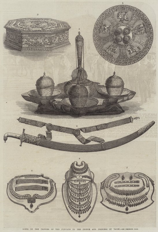 Cadeaux des princes du Pendjab au prince et à la princesse de Galles (gravure) - English School