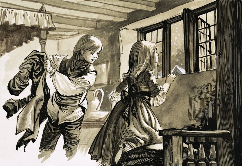 Fille et garçon regardant dans la neige - English School