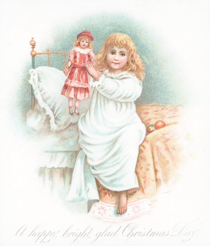 Fille sortant du lit le matin de Noël avec un cadeau, carte de Noël - English School