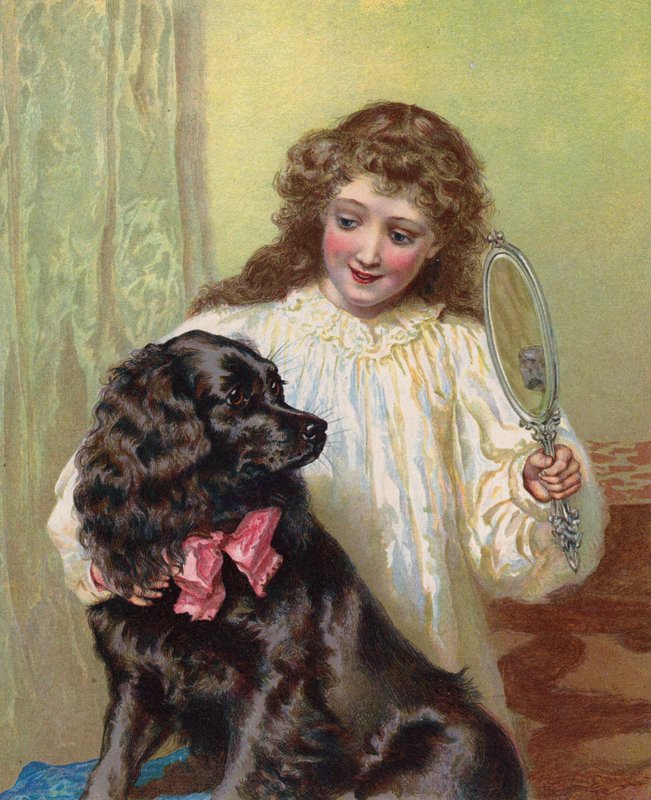 Fille montrant à son chien son reflet dans un miroir - English School