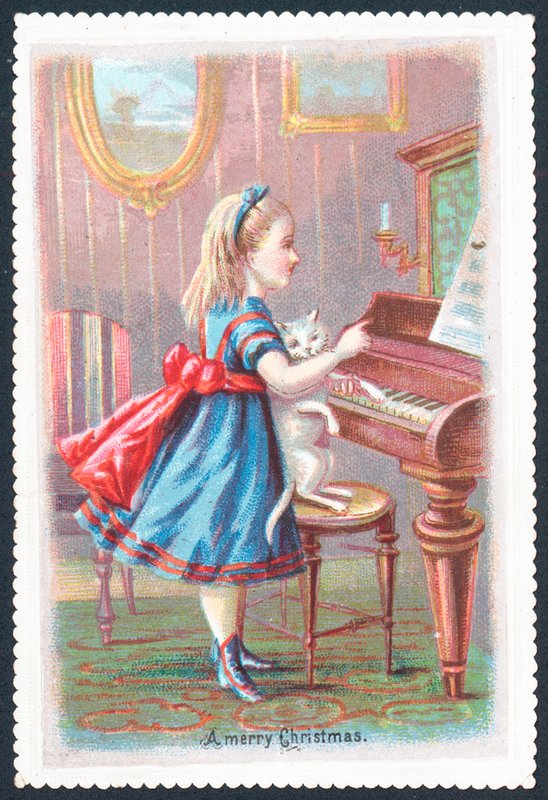 Fille avec un chat debout au piano, carte de Noël - English School