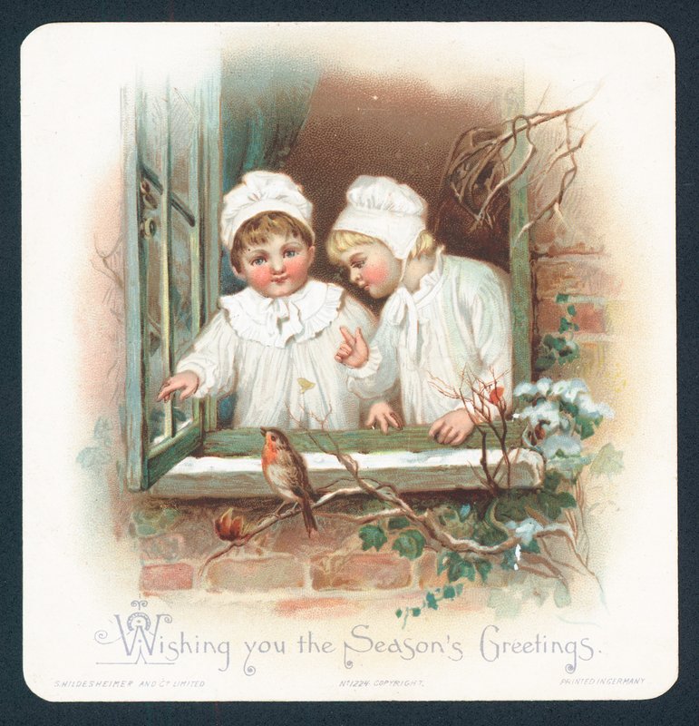 Filles en tenue de nuit regardant un rouge-gorge par la fenêtre, carte de Noël - English School