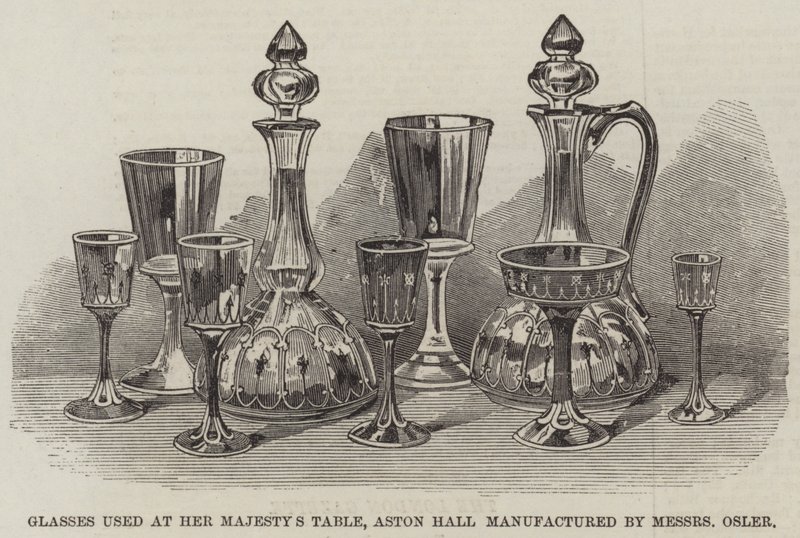 Verres utilisés à la table de Sa Majesté, Aston Hall fabriqués par Messers Osler - English School