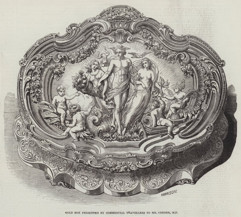Boîte en or présentée par les voyageurs de commerce à M. Cobden, député (gravure) - English School