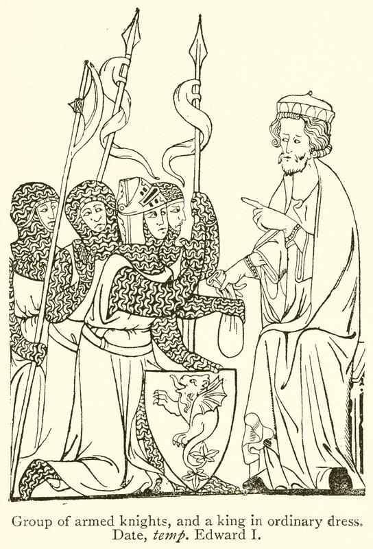 Groupe de chevaliers armés et un roi en tenue ordinaire. Date, époque d