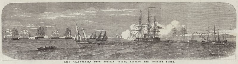 HMS "Dauntless", avec des prises russes, passant devant la flotte suédoise (gravure) - English School