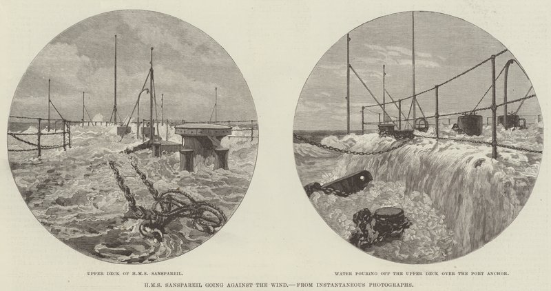 HMS Sanspareil contre le vent (gravure) - English School