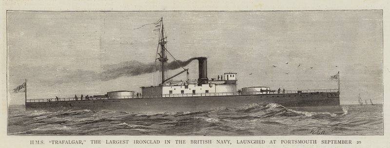 HMS "Trafalgar", le plus grand cuirassé de la marine britannique, lancé à Portsmouth le 20 septembre - English School