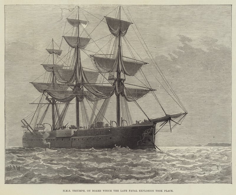 HMS Triumph, à bord duquel a eu lieu la dernière explosion fatale (gravure) - English School