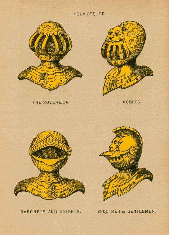 Casques du Souverain, Nobles, Baronnets et Chevaliers, Écuyers et Gentilshommes - English School