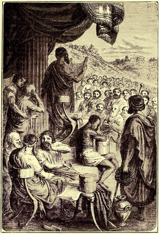 Hérodote lisant son Histoire à un festival public, illustration de The Illustrated History of the World, publiée vers 1880 - English School