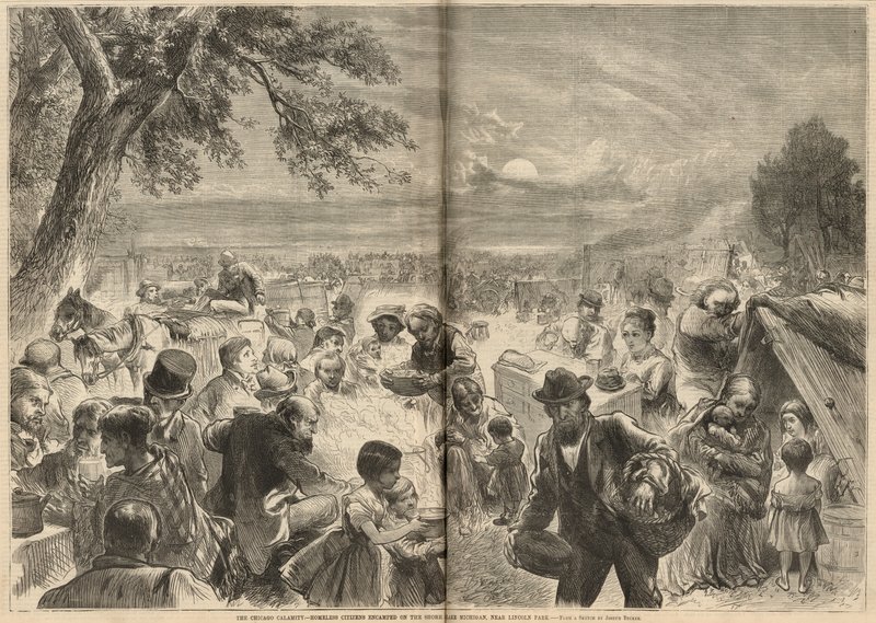 Citoyens sans abri campant sur le rivage du lac Michigan, près de Lincoln Park - English School