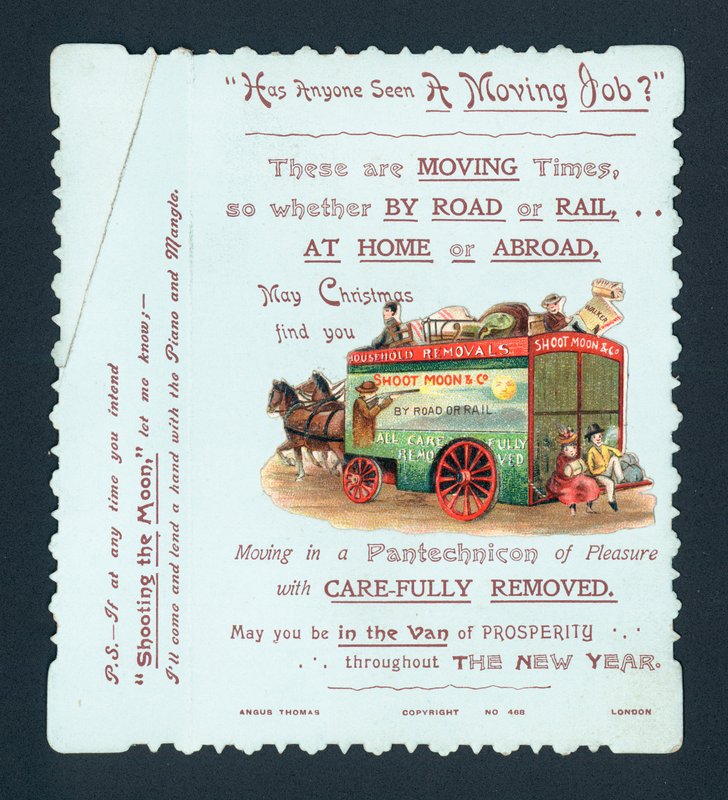 Camion de déménagement tiré par des chevaux, carte de Noël et Nouvel An - English School
