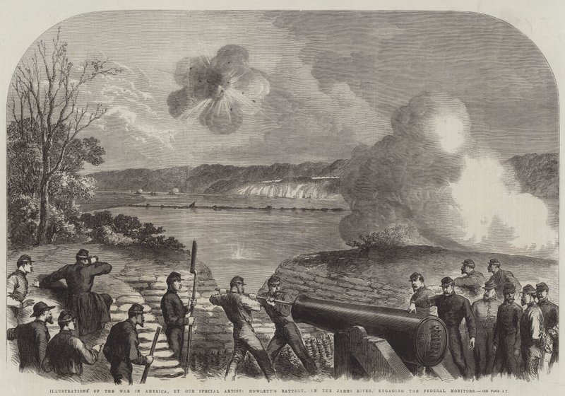 Illustrations de la guerre en Amérique, la batterie de Howlett sur la rivière James engageant les moniteurs fédéraux - English School