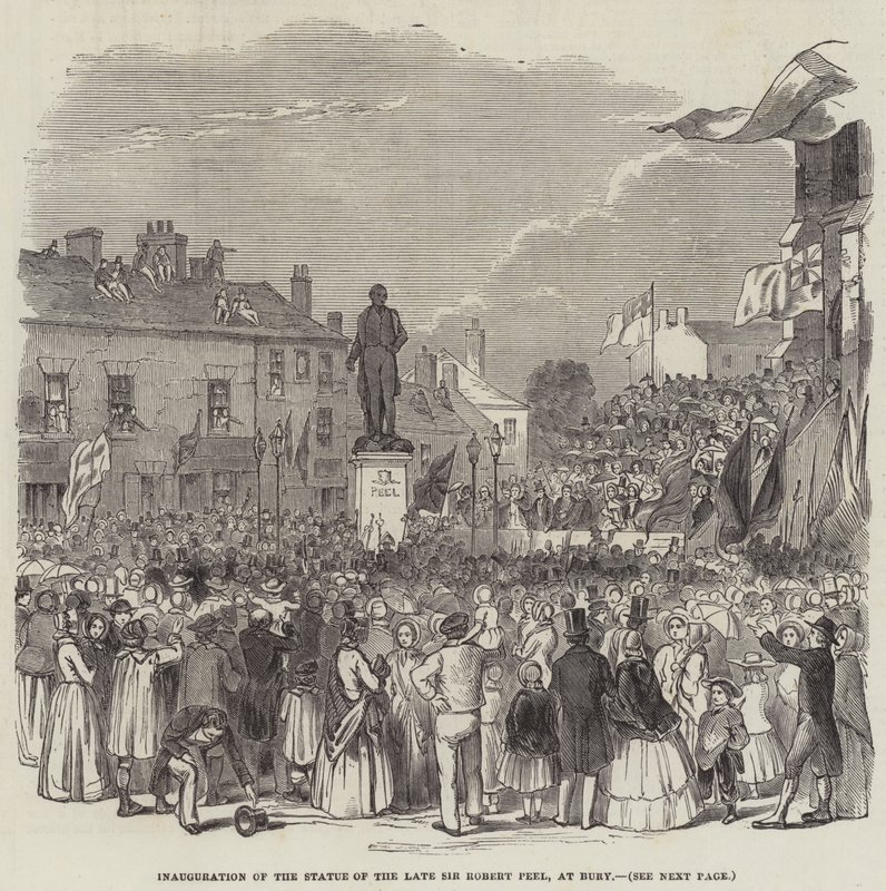 Inauguration de la statue du défunt Sir Robert Peel, à Bury (gravure) - English School