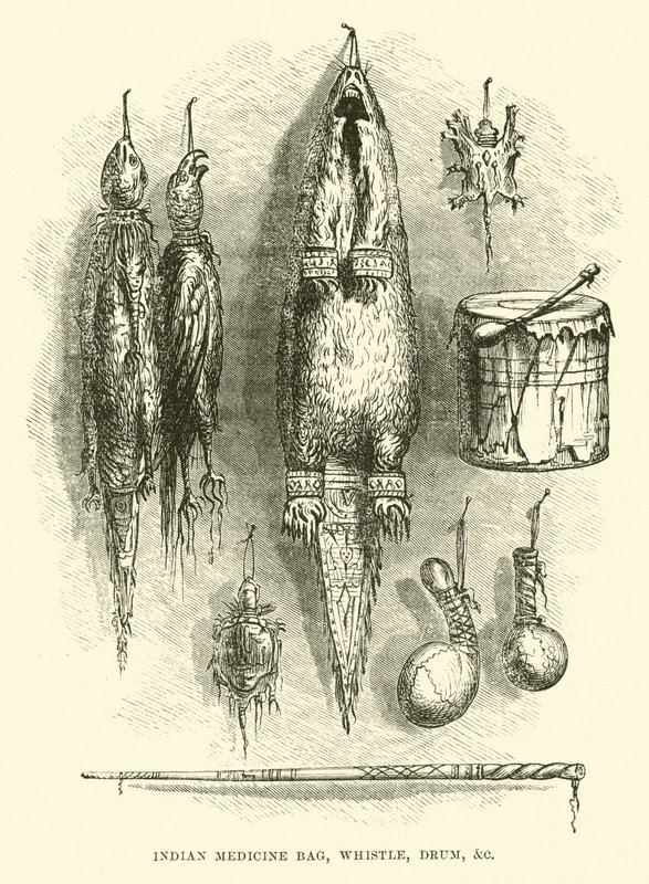 Sac médecine indien, sifflet, tambour, etc. - English School