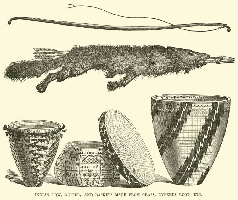 Arc indien, carquois et paniers en herbe, racine de Cyperus, etc. - English School